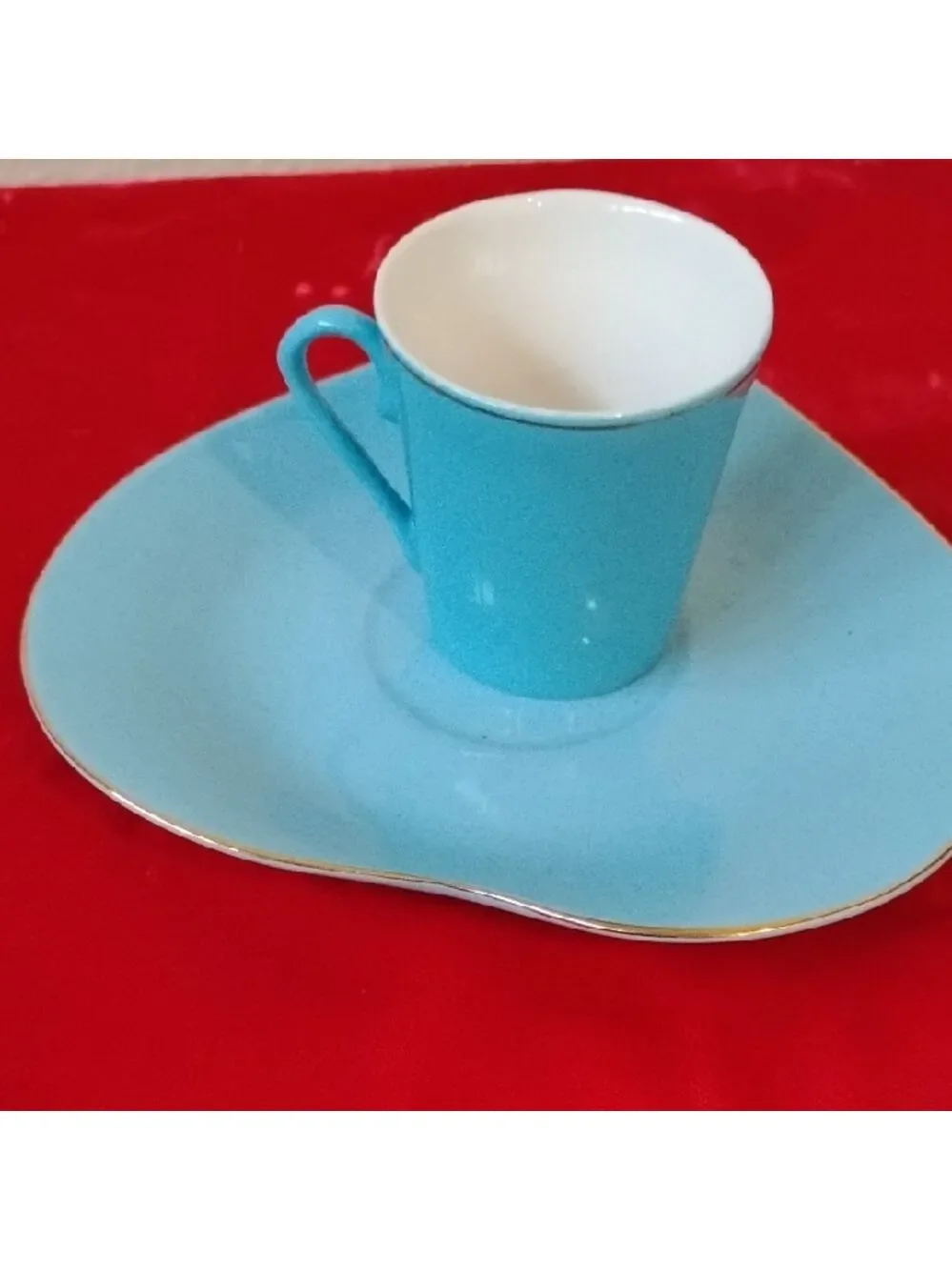 D- NWOT Blue Heart-Shaped Cup and Saucer Set